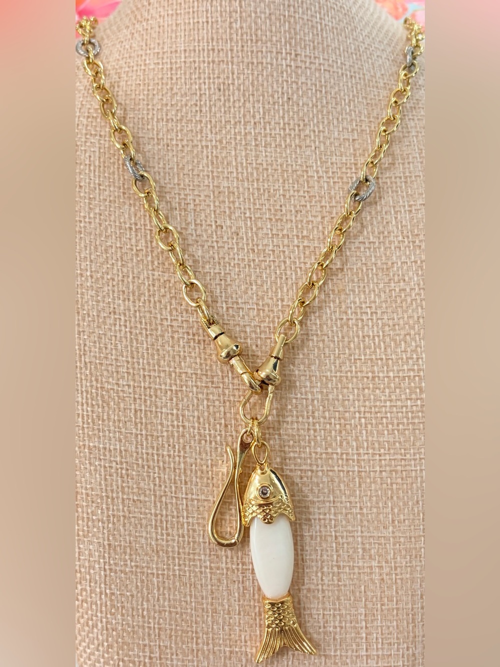 NEW Handmade Gold-Tone Pendant Necklace with White Fish Charm *see description*